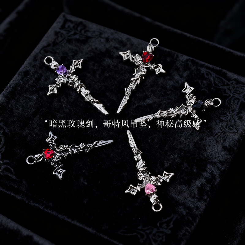 Gothic retro-style rose-wrapped cross sword alloy pendant DIY handmade jewelry versatile accessory