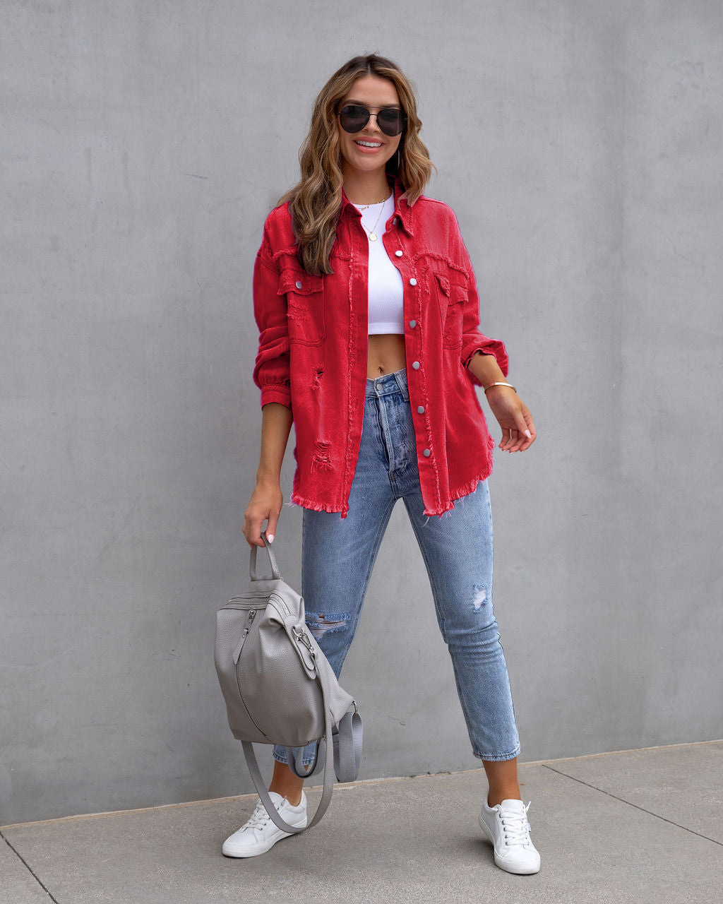 Giacca di jeans donna con volant strappata bavero manica lunga_voghion.com