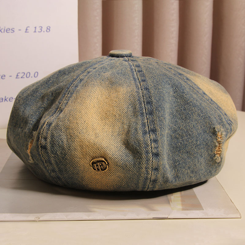 Hacer viejos agujeros agujeros sombrero de ocho ángulos mujer boina vaquero lavado primavera y verano red sombrero de nube retro muestra la cara pequeño sombrero pintor
