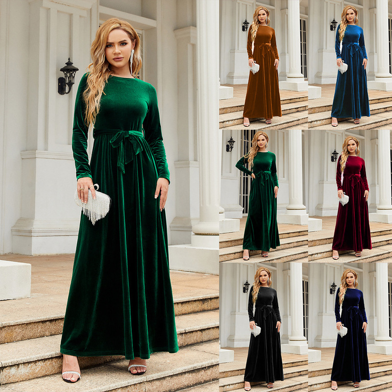 European and American 2025 Autumn and Winter Elegant Lady Style Long Dress Gold Velvet Pure Color High-End Dress