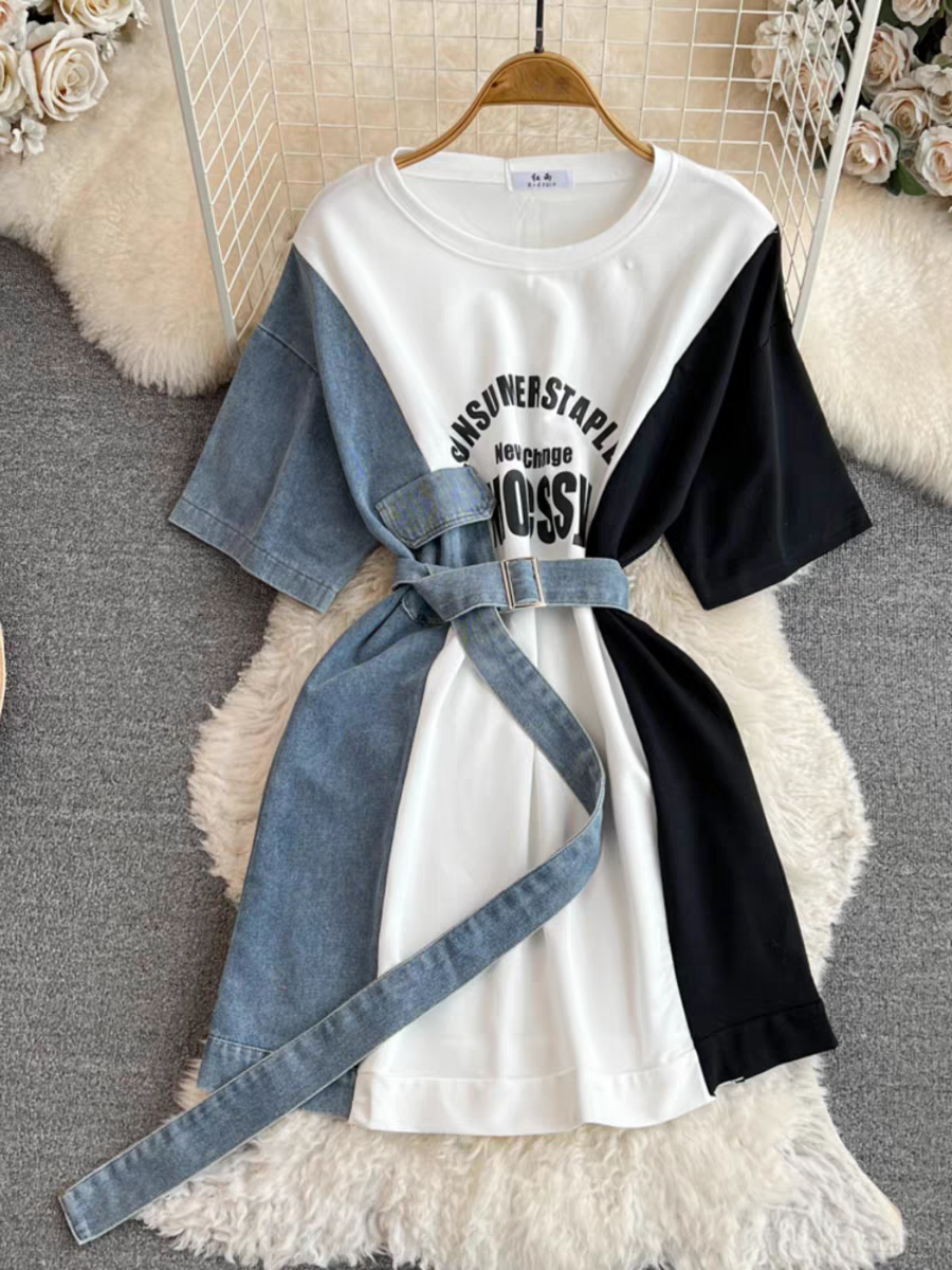 Damenbekleidung T-Shirt-Kleid mit Denim-Print und Rundhalsausschnitt, schlankmachende A-Linien-Kleidung_voghion.com