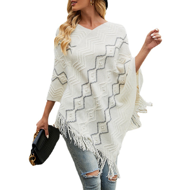 Wavy striped cape fringed shawl coat_voghion.com