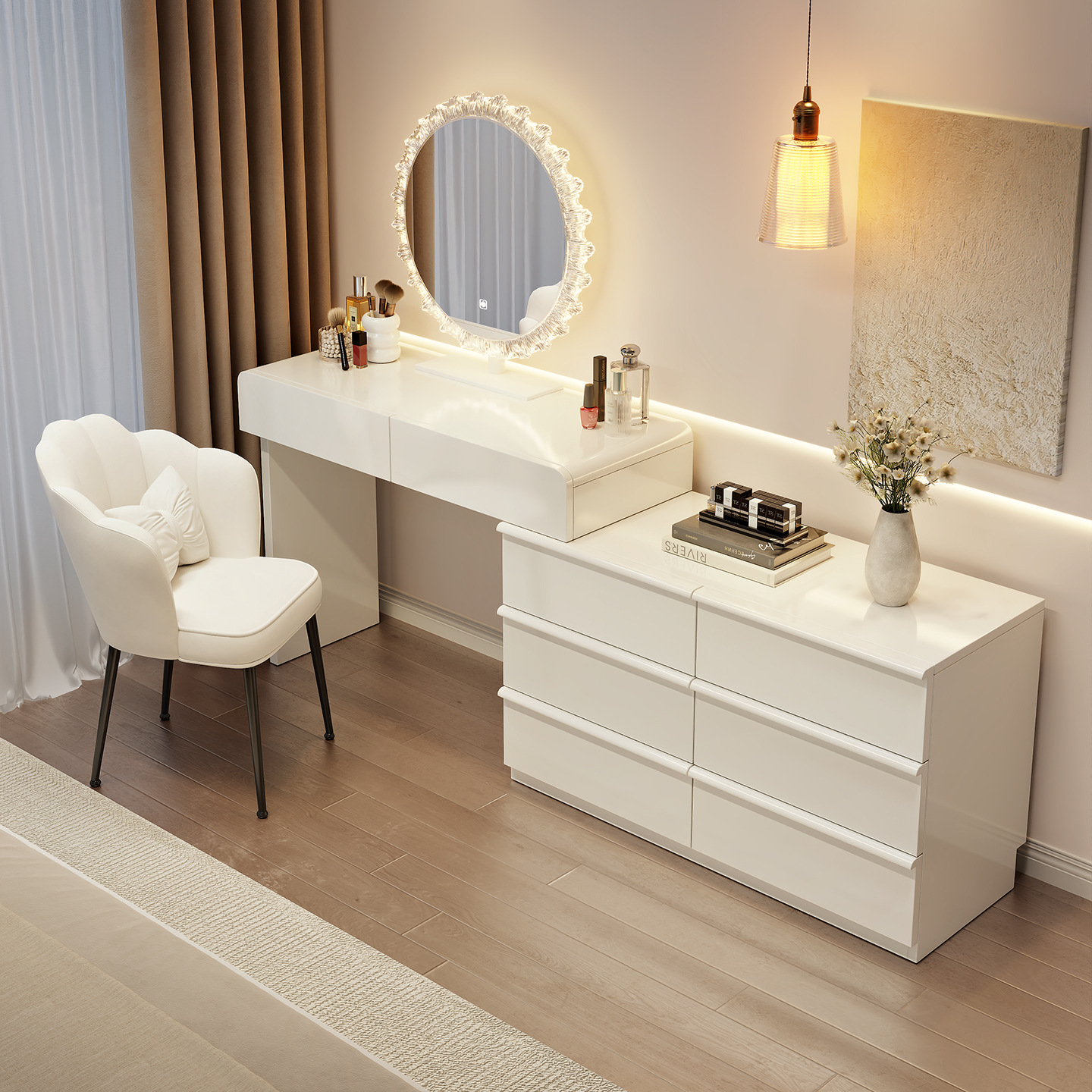 2025 New Style Dressing Table Bedroom Modern Simple Cupboard Integrated Small Apartment Solid Wood Dressing Table Light Luxury and High-End Sense