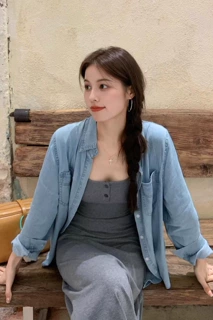 两件衬衫女超火穿搭春秋季高级一整套韩系套装感吊带连衣裙子灰色