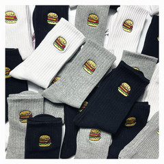 Japanese version of trendy brand cartoon burger pizza embroidered socks solid color black, white and gray trendy men's and women's sports pure cotton mid-calf socks