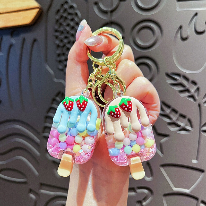 Creative Oil-Filled Strawberry Bubble Ice Cream Quicksand Bottle Keychain Cute Cartoon Macaron Color Girl Bag Pendant