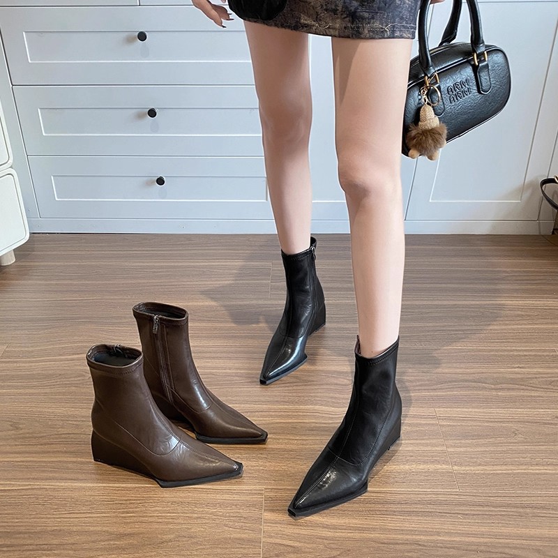 Genuine Leather Pointed Toe Wedge Over The Knee Boots Versatile_voghion.com