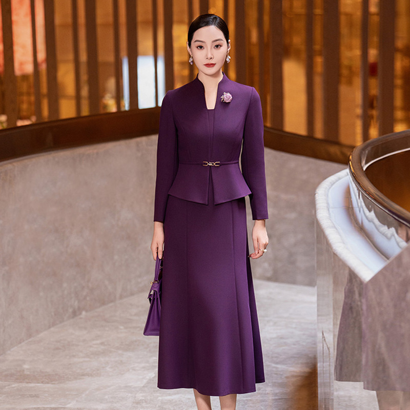 紫色假两件连衣裙女2025秋季新款端庄大气长袖v领修身时尚a字裙子|undefined