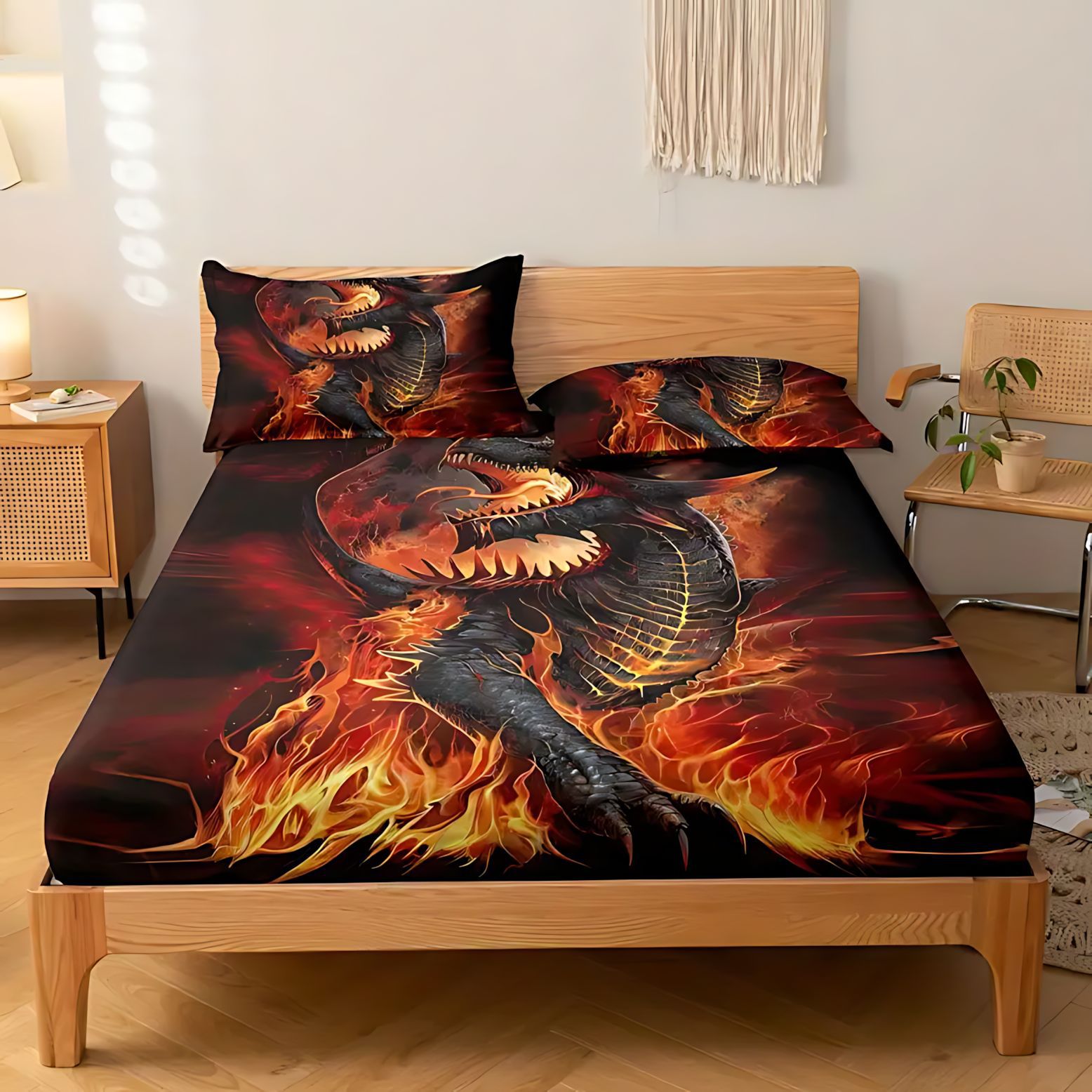 TEMU / JIT multicolor cool dragón de impresión digital 3D cama de cama de cama kit de almohada exclusivo a través de la frontera