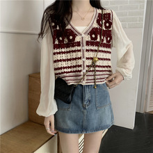 春夏季新款复古镂空钩花拼接雪纺袖衬衫女设计感别致短款网红上衣