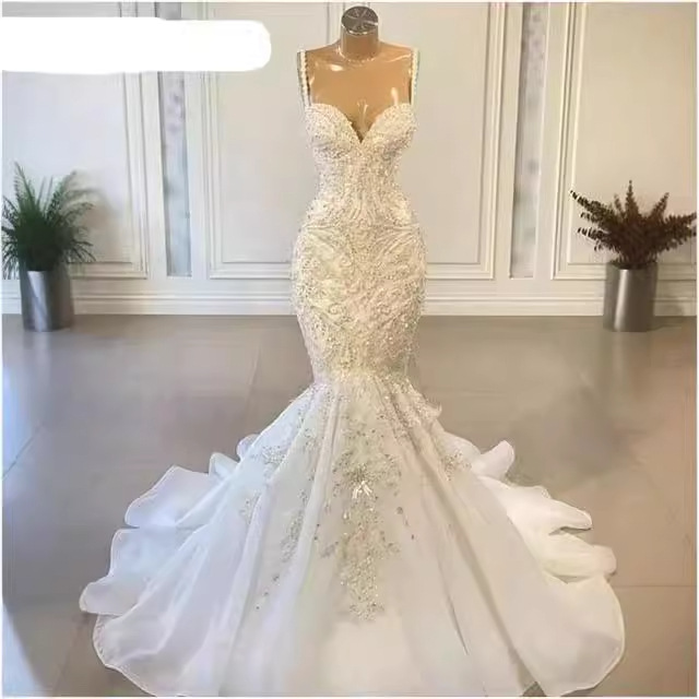 Women's Clothing Elegant Mermaid Wedding Dress With Beaded Lace, Strapless Corset Tie-Up Bridal Gown For Summer_voghion.com