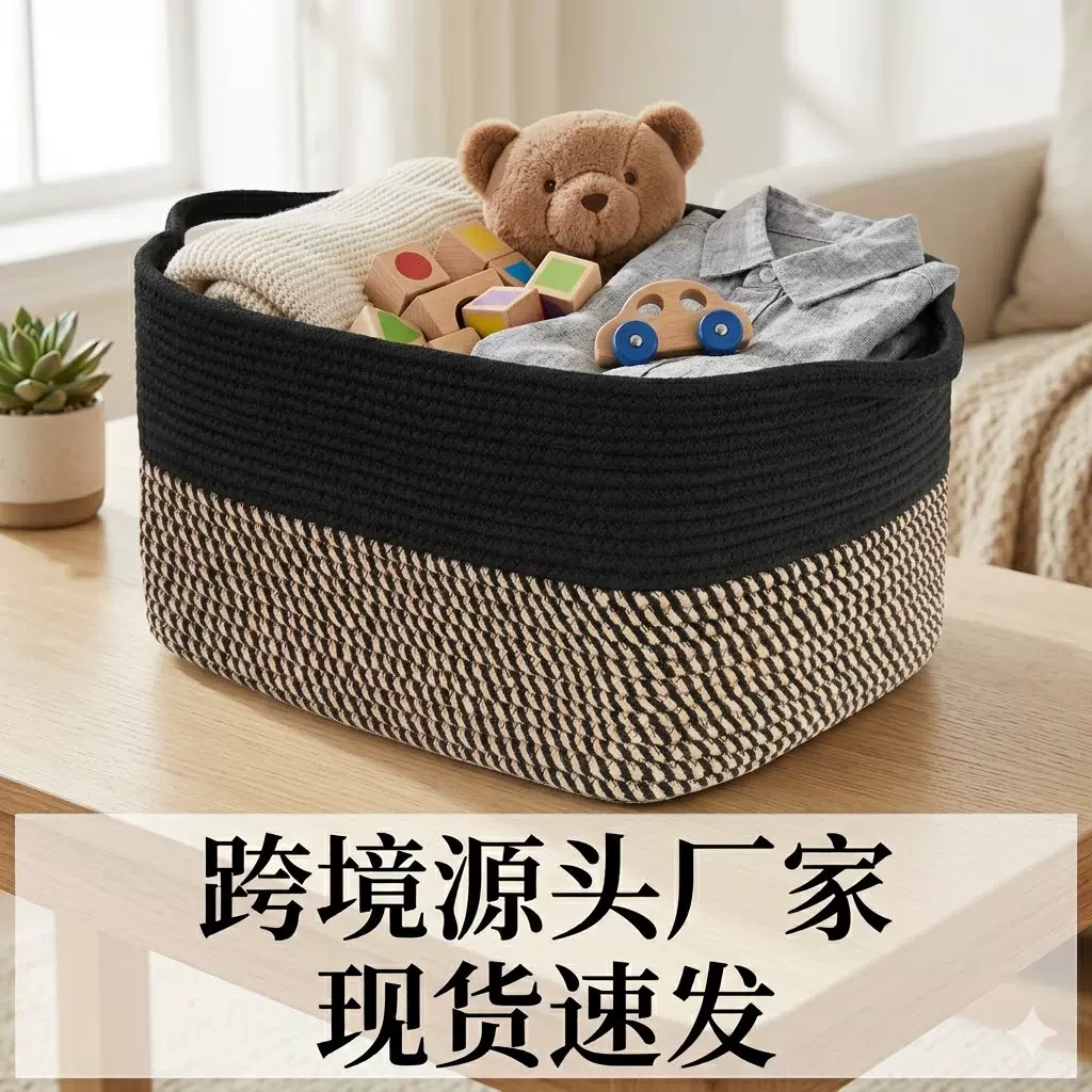 北欧棉绳编织收纳筐脏衣篓玩具杂物收纳篮卧室脏衣篮储物筐跨境