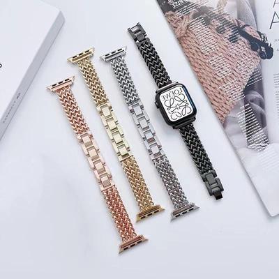 適用蘋果AppleWatch67s8細合金人字三排編織牛仔鏈iWatch手表表帶