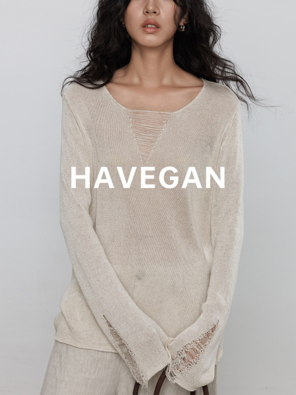 与间HAVEGAN/秋季v领天丝亚麻长袖设计感针织衫女宽松老钱风上衣|undefined