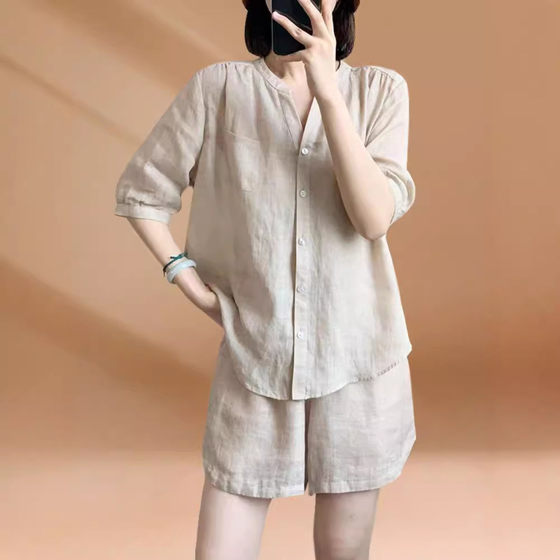 Cotton and Linen Shorts Set, Solid Color, Simple Style, Elegant Fashion Set for Women, 2026 New Fashion, Summer Casual, Plus Size