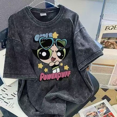 2025 クロスボーダー新スタイルピュアコットンウォッシュブラックアメリカン漫画プリント Tシャツルーズカジュアルスリム女性トップイントレンド