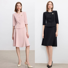 春夏高级感醋酸七分袖西装套裙修身显瘦圆领职业气质女正装工作服