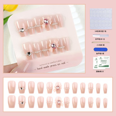 純手工穿戴甲美甲甜美可愛粉色蝴蝶結指甲貼愛心大鑽美甲甲片24片