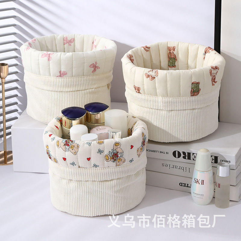 Solid Color Corduroy Drawstring Pouch Cosmetic Bag Women's Portable Coin Purse Trendy Bucket Bag Crossbody