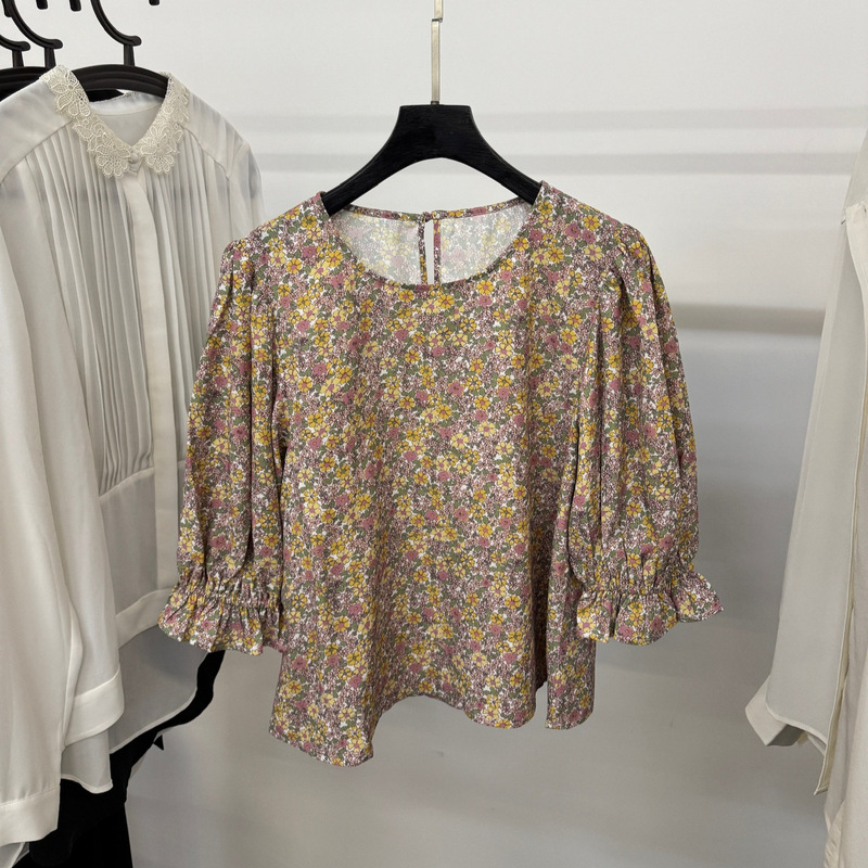 Last Order Oil Painting Style Daisy Puff Sleeve Lace Three-Quarter Sleeve Short Chiffon Floral Shirt Top Jacket