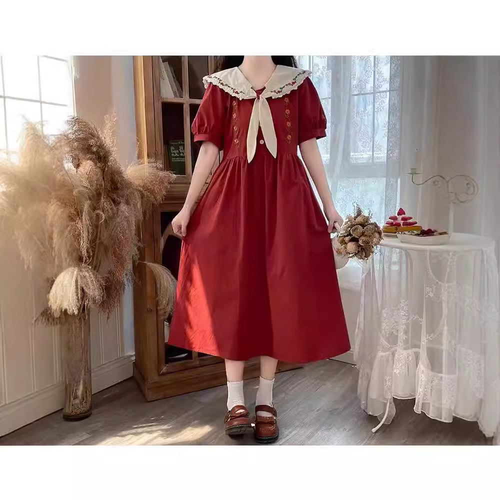 日系甜美泡泡袖连衣裙少女夏装2024新款初中高中学生宽松中长裙子