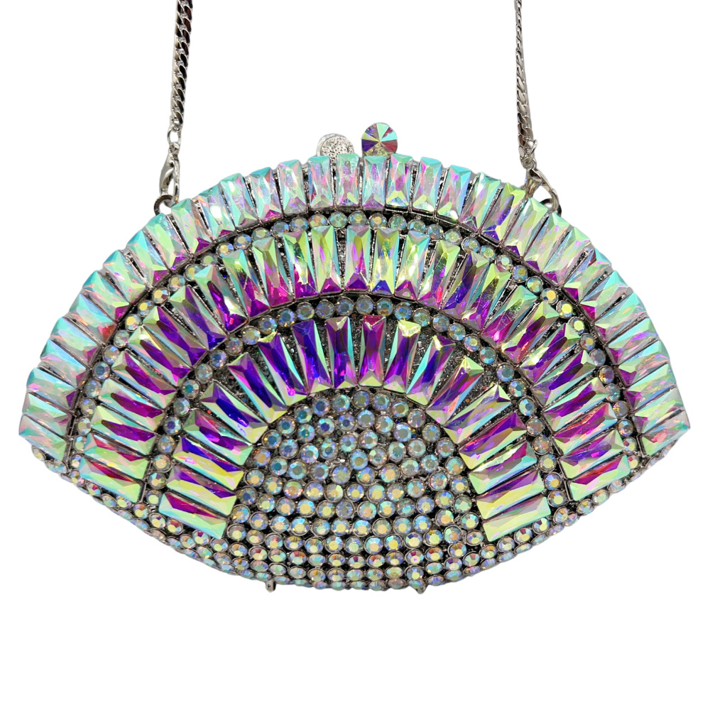 Túi clutch nữ cầm tay dự tiệc đính kim cương rỗng phong cách Âu Mỹ — Xanh táo, màu tím, Màu bạc, Bạc AB chi tiết 5