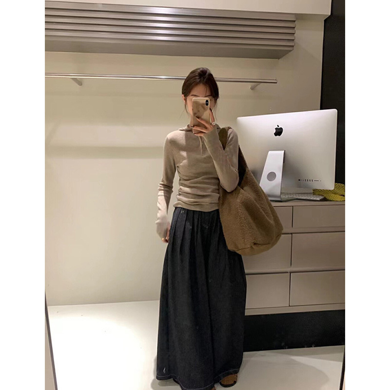韩系温柔半拉链连帽针织衫女秋冬内搭慵懒修身打底毛衣设计感上衣|undefined