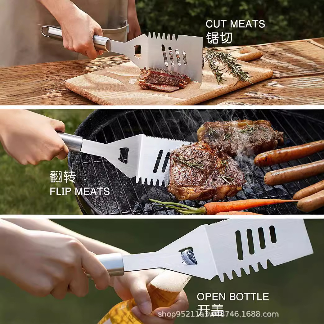 Exportación de Amazon herramientas de barbacoa de acero inoxidable traje de barbacoa al aire libre accesorios pala tenedor clip cepillo herramientas de barbacoa