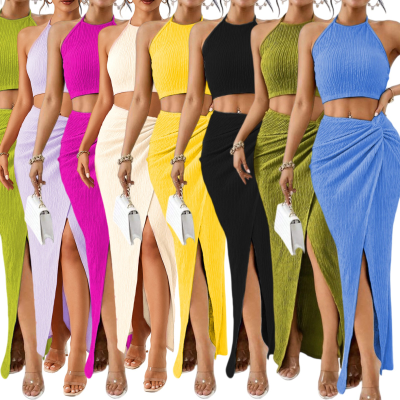 Ym063 Amazon's Hot-Selling European and American Vacation Style Crinkled Solid Color Halter Neck Crop Top and Slit Long Skirt Elegant Two-Piece Set
