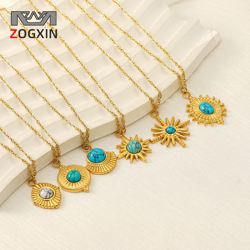 Transfronterizos retro francés 18K oro collar de acero inoxidable colgante de estrella de ocho puntas turquesa collar de acero titanio de alta calidad
