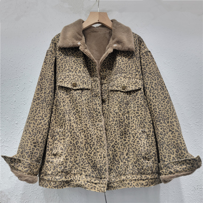 Leopardo denim parker algodón ropa de mujer invierno 2025 nuevo super hermoso y piel gruesa una chaqueta de cordero