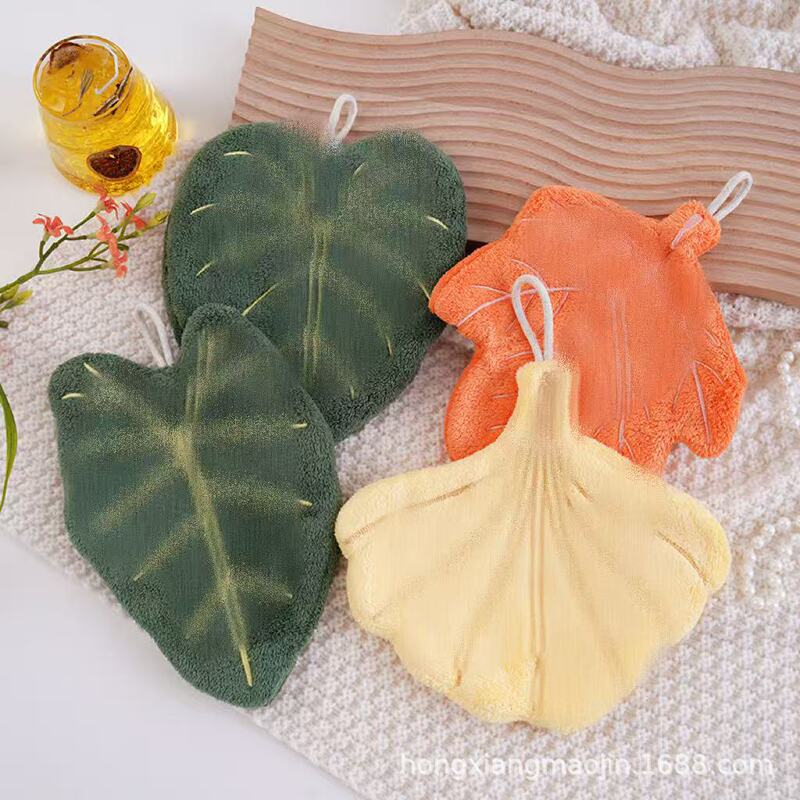 Creative Leaf-Shaped Hand Towel, Cute and Thick, Simple Style, Soft Coral Fleece, Absorbent Cloth for Kitchen and Bathroom