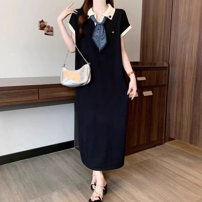 Cross-Border 2026 Summer Fashion Patchwork Polo Collar Silk Scarf Dress, Loose Fit, Slimming, Casual, Age-Reducing, Stylish Long Dress Cross-Border 2026 Summer Fashion Patchwork Polo Collar Silk Scarf Dress, Loose Fit, Slimming, Casual, Age-Reducing, Stylish Long Dress