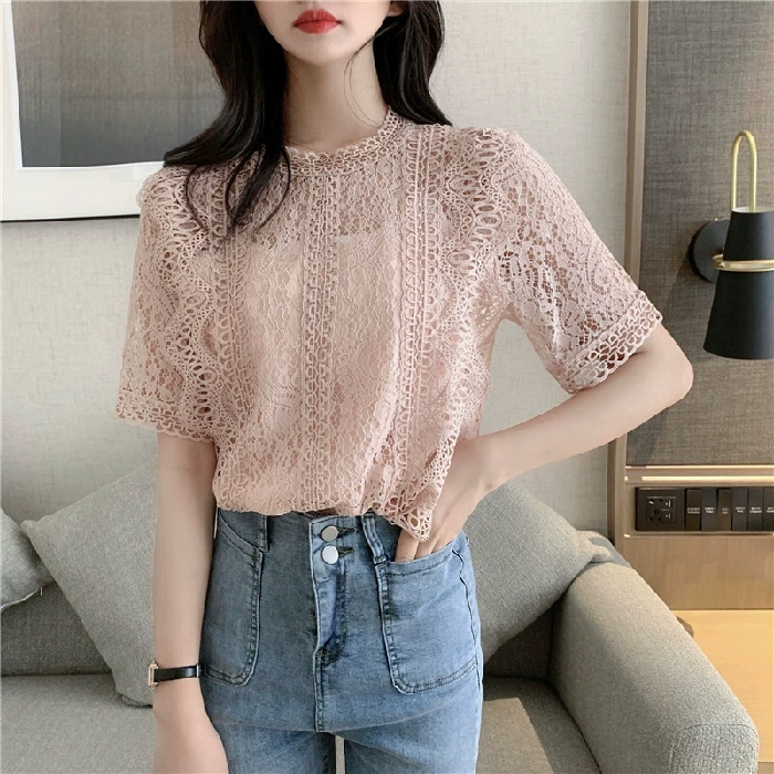 Lace summer solid shirt with a round collar, oversize, western style