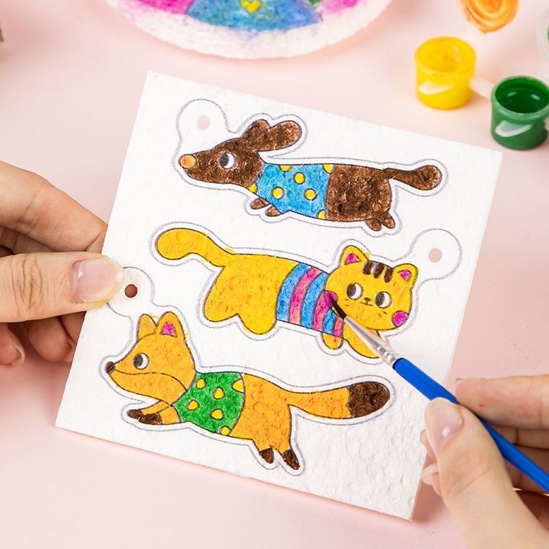 儿童DIY发泡肌理画卡通手工绘画木浆海绵解压捏捏乐压缩木浆棉片