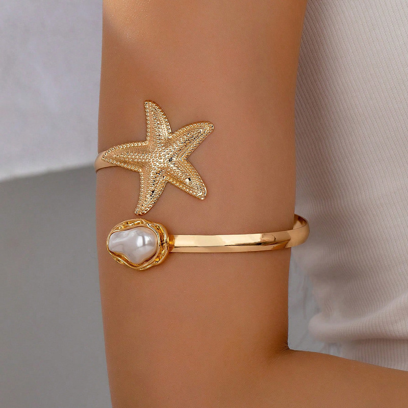 European and American Cross-Border Hot-Selling Ocean Resort Style Flower Starfish Irregular Imitation Pearl Arm Bracelet for Women, Adjustable Upper Arm Bracelet