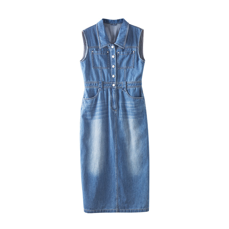 Váy denim cổ điển dáng dài không tay, thắt eo tôn dáng — Xanh lam hoài cổ