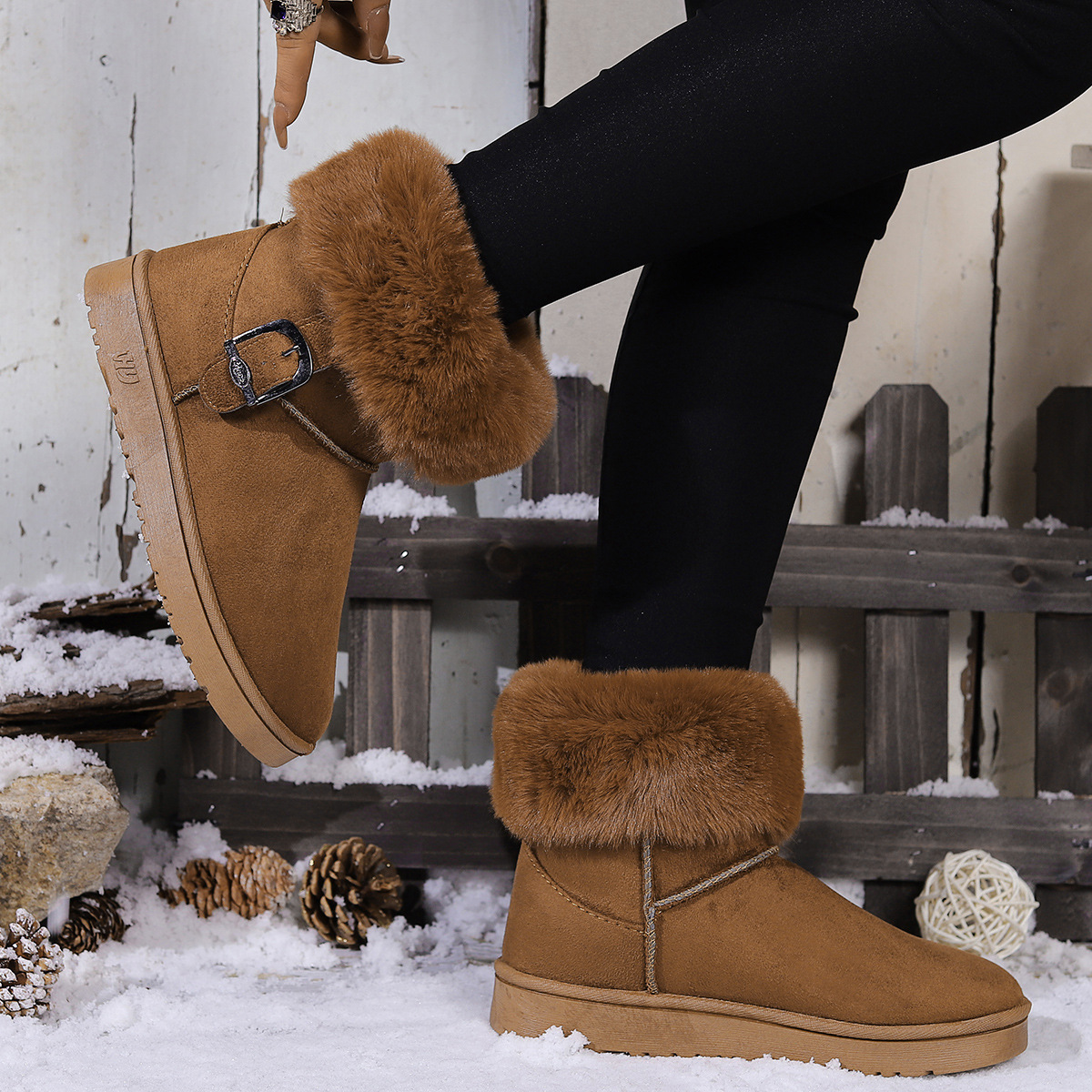 2023 de espesor talón plano de invierno de fondo plano forrado de lana de algodón acolchado noreste Comercio exterior botas de nieve transfronterizas para las mujeres
