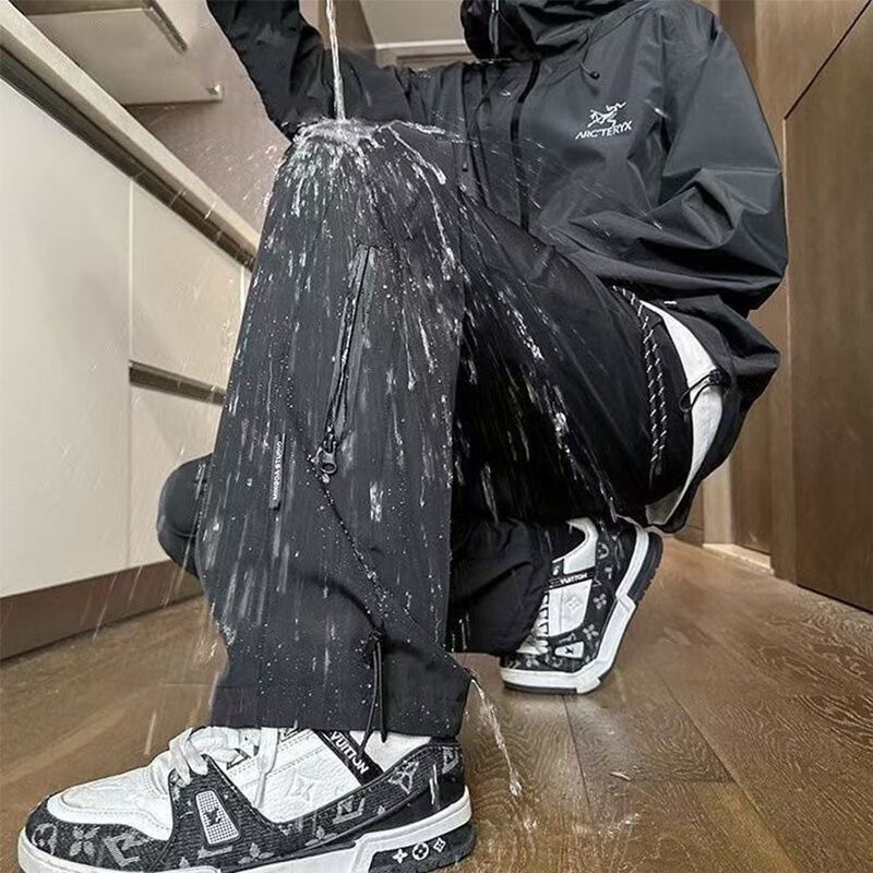 Waterproof Softshell Pants for Men, Spring and Autumn, Trendy High Street Vibe, American Functional Style, Loose Black Straight-Leg Pants
