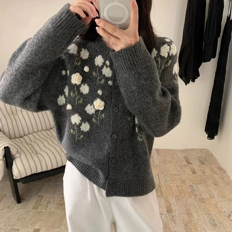 韩系立体花朵少女风针织开衫外套秋冬新款时尚百搭减龄甜美毛衣女|undefined