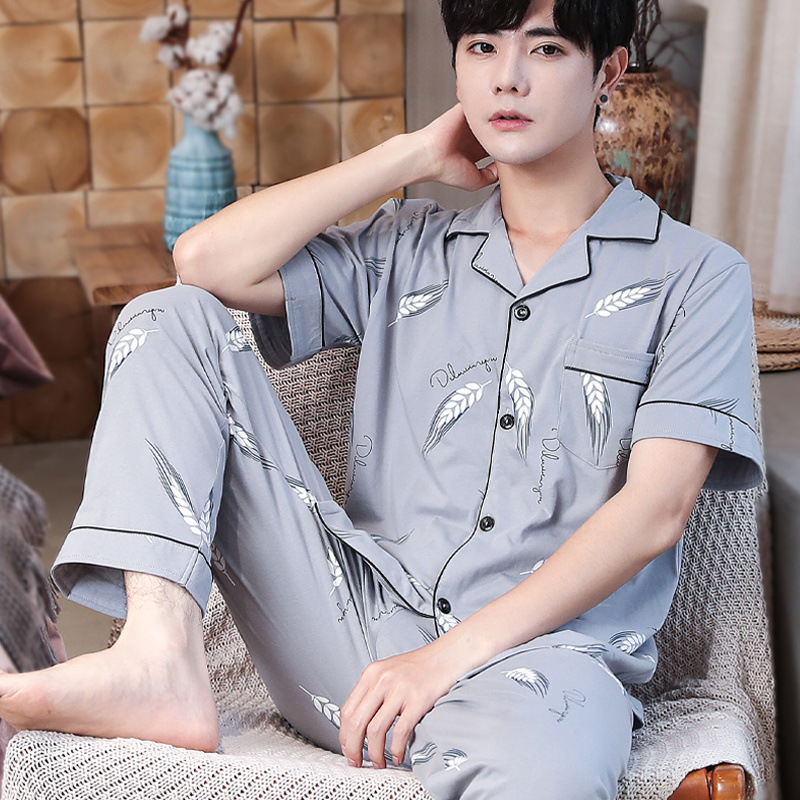 면 잠옷 남자의 여름 얇은 반팔 바지 남자 홈 옷 여름 얇은 면 플러스 사이즈 세트