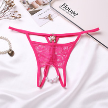 女士珍珠按摩丁字裤开裆勒阴火辣T裤透明蕾丝刺绣8705#