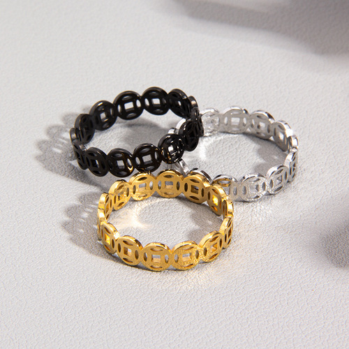 Popular online streamer's copper-coin-shaped titanium steel ring—fortune-attracting, wealth-bringing, and luck-enhancing couple's matching rings—factory wholesale