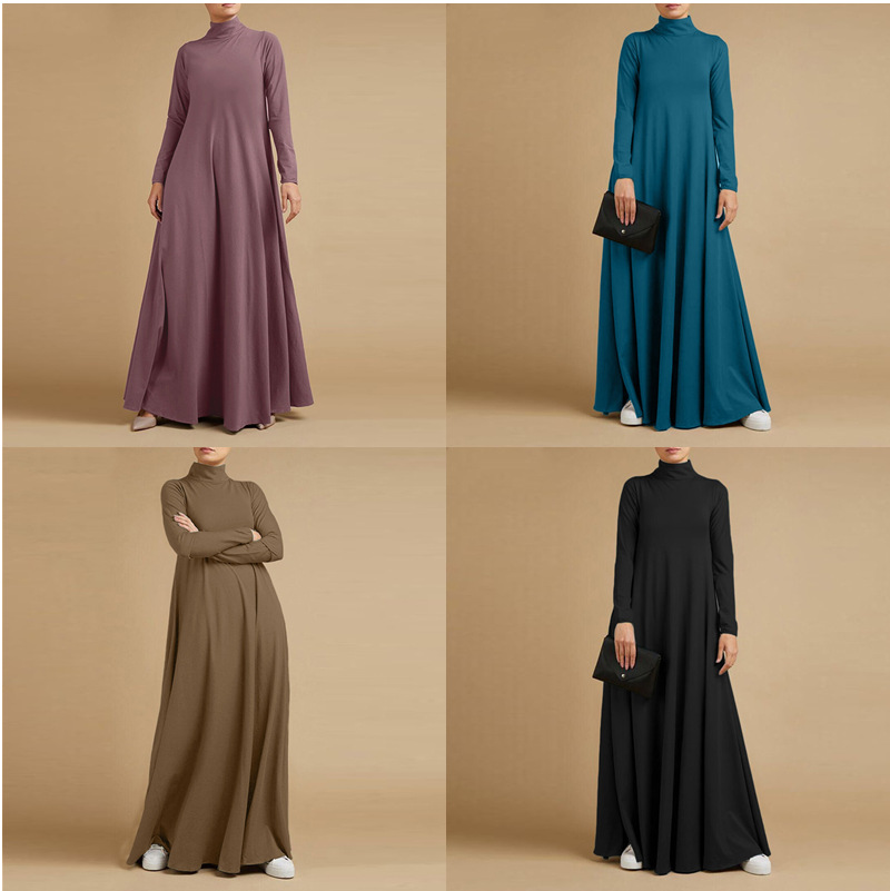 穆斯林秋季高领长袖太阳裙时尚女式长款长连衣裙宽松优雅纯色休闲