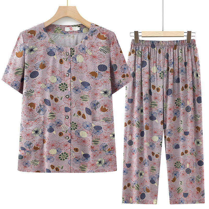 Grandma's Summer Cotton Silk Suit, Short-Sleeved Cardigan Pajamas for Middle-Aged and Elderly Women, Artificial Cotton Home Clothes for Old Ladies