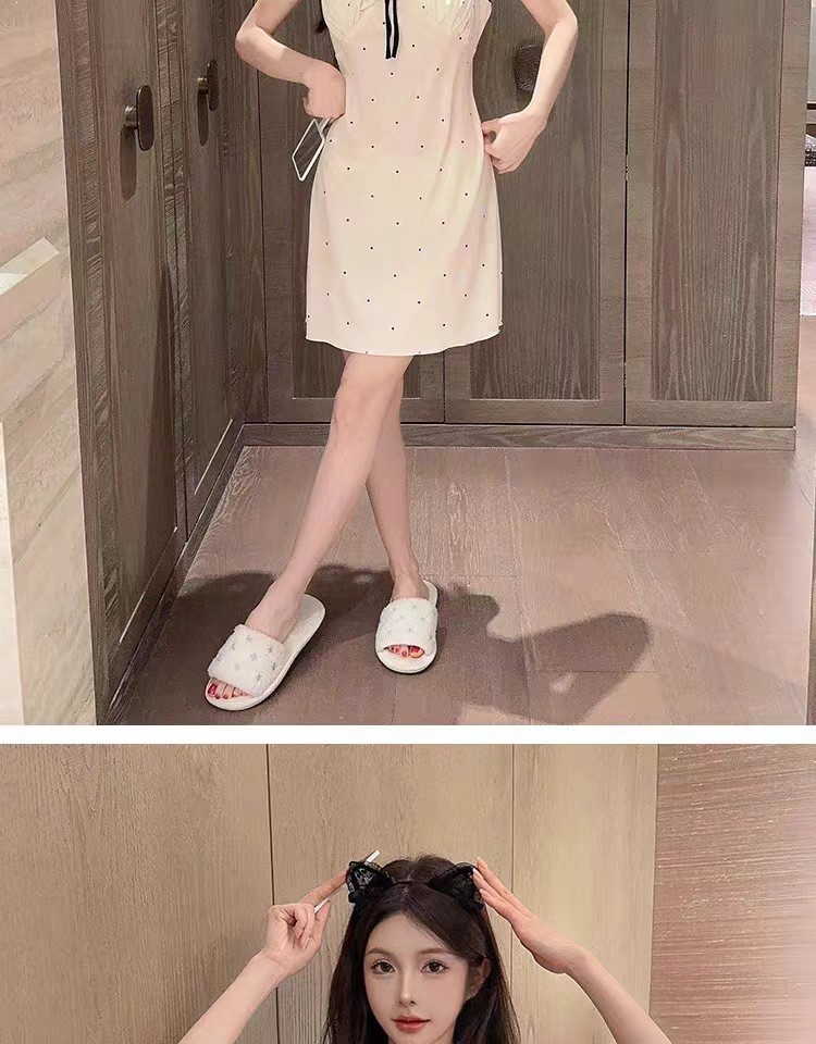 Cherry Print Floral Suspender Nightgown with Chest Pads, Thin Summer Sleep Dress — detail image 15