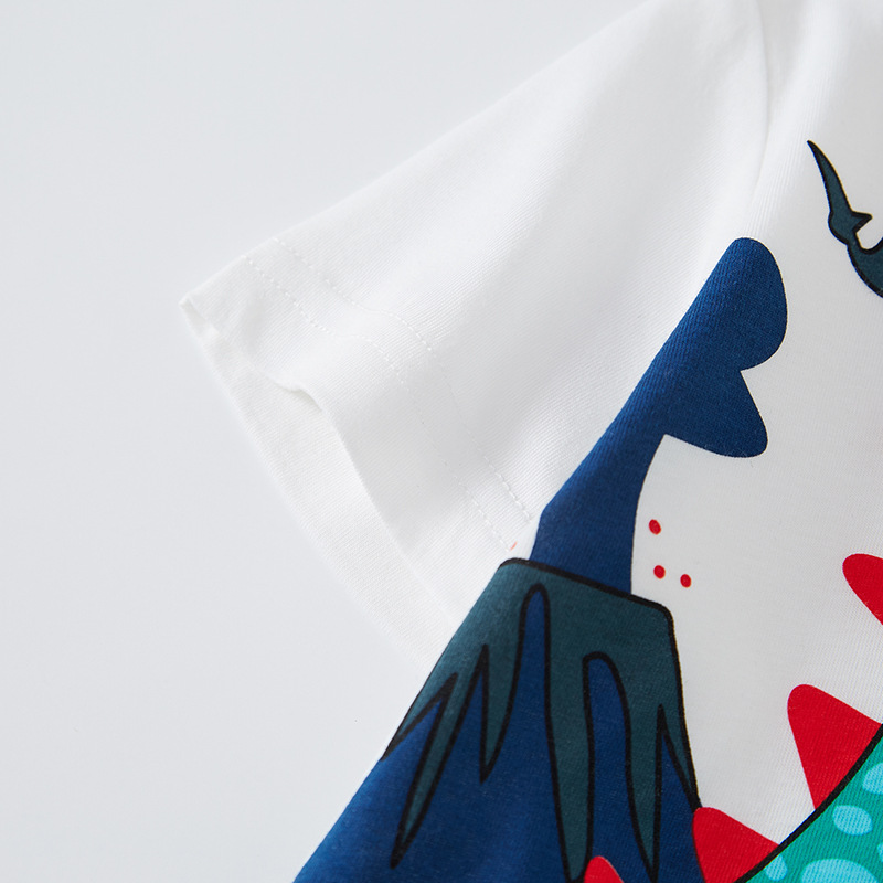 Ropa infantil 2025, camiseta de verano de manga corta con diseño de dinosaurio 3D para niños pequeños, top de punto, venta al por mayor de una sola pieza.