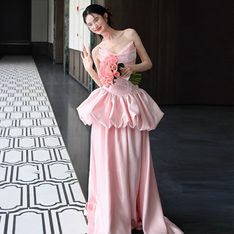 Pink Strapless Bridal Robe, Toast Dress, High-End Banquet Long Dress, 2026 New Style Birthday Photo Shoot Dress