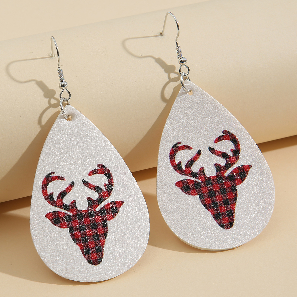 New Christmas Red Lattice Small Elk Pattern Leather Earrings Wholesale display picture 1