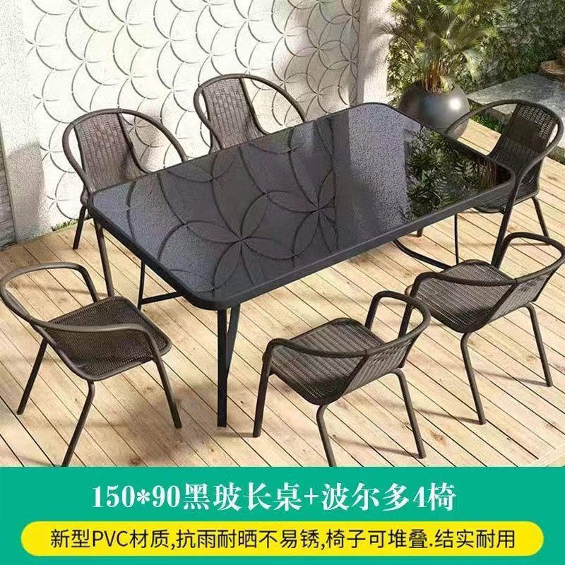 150cm black glass long table +6 chairs